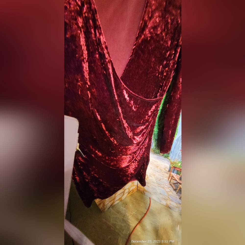 K. KLEIN Elegant Long Sleeve Wrap Dress in Rich Crush Velour Velvet Burgundy